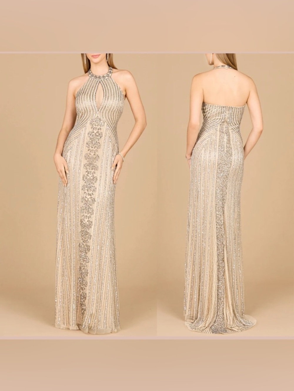 LARA High Halter Neckline Beaded Dress with Keyhole Style #29600 Size 6 NWT Nude